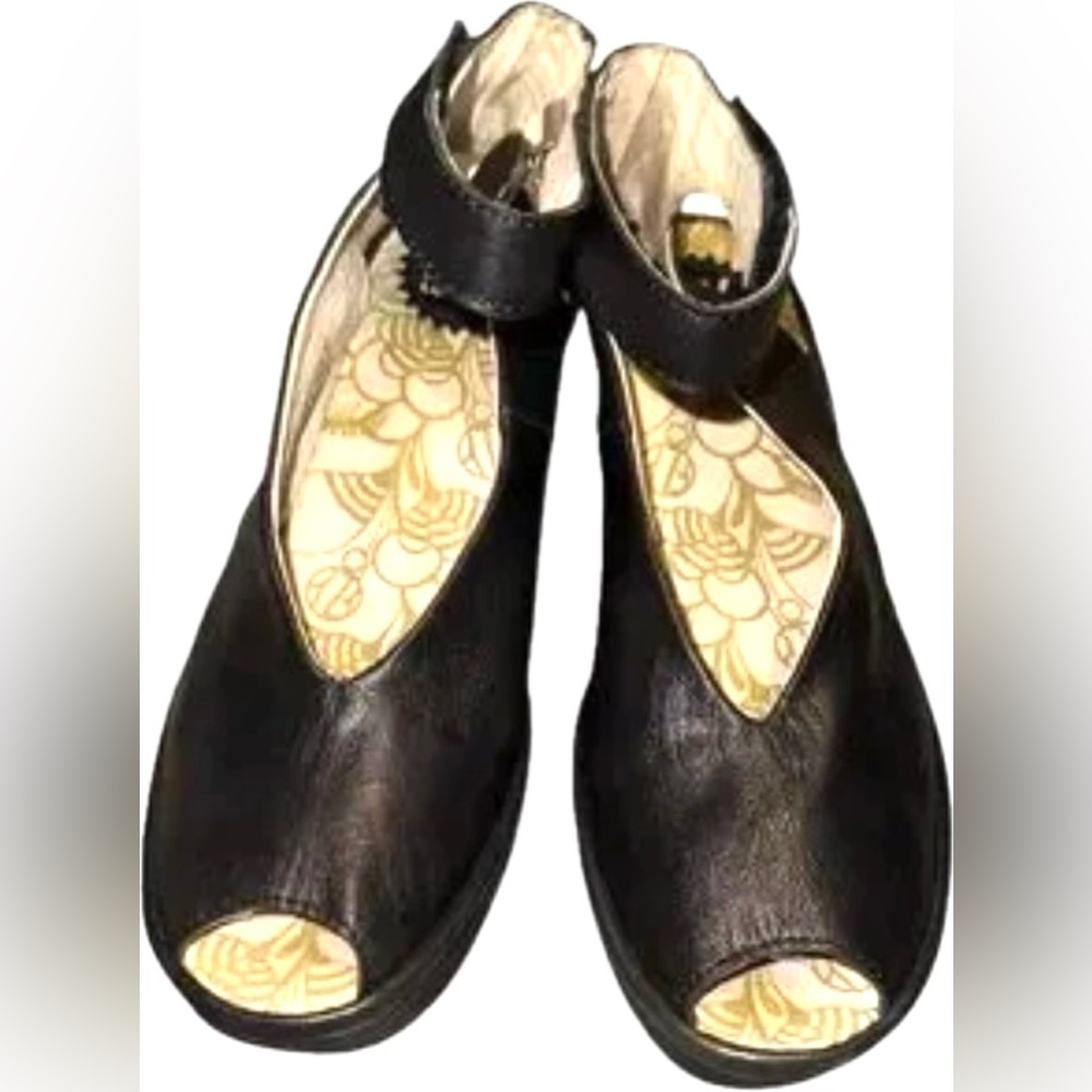 Fly London Leather Shoes Sandals Yala Wedge Heels Open Toe Solid Black Size 37
